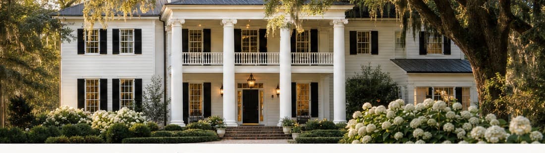 Southern Colonial estate with white columns, mature oaks, and hydrangeas